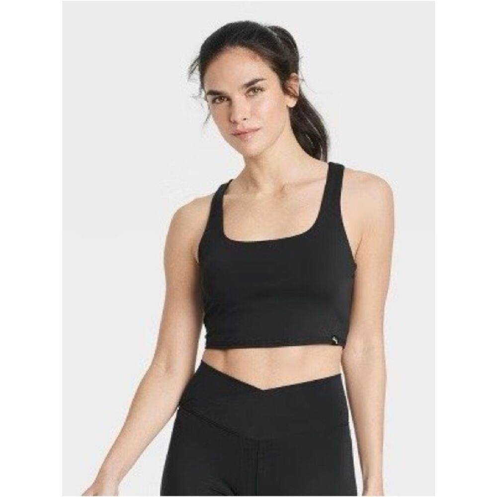 JoyLab Black Mesh Back Square Neck Crop Top Bralette (Size: Large)